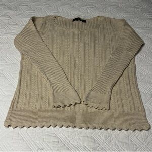JEANNE PIERRE Cottagecore Scallop Trim Beige Cable Knit Sweater - Size Large